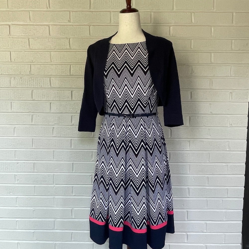 Jessica Howard Sleeveless Dress Navy Chevron Pattern with Shrug Size 6